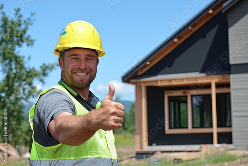 A cheerful construction worker in a hard hat offers a thumbs up in front of a newly built house, showcasing positivity and safety. photo