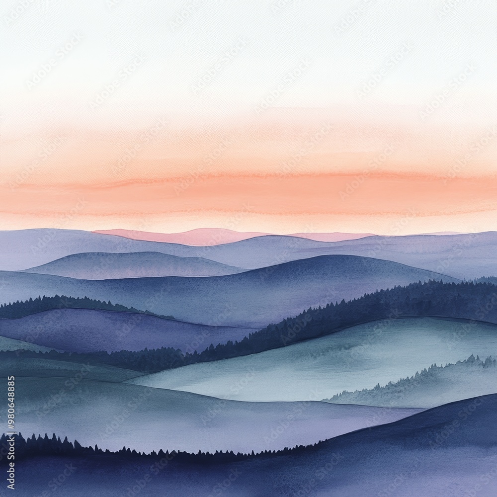Obraz premium Soft pastel hills stretch across the horizon under a calming sunset, inviting a sense of peace and escape perfect for relaxation apps and decor