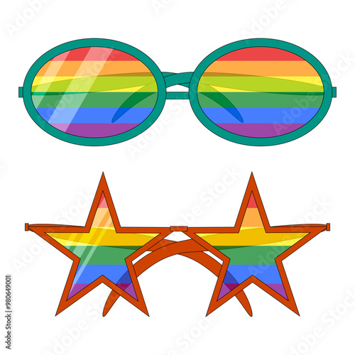 Bright and colorful rainbow-themed sunglasses in star and round shapes, perfect for LGBT pride and celebrations of diversity.