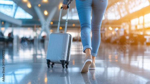 Woman walking in airport pulling suitcase behind her