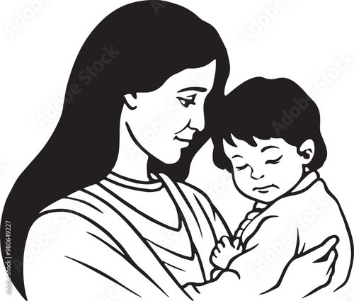 A mother gently holds her child in a tender embrace