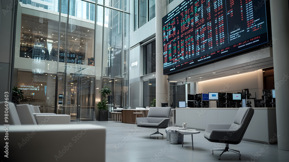 Modern Office Lobby with Stock Ticker Display and Comfortable Seating Modern Office Lobby with Stock Ticker Display and Comfortable Seating