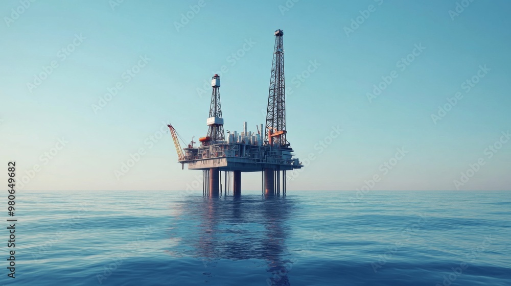 Offshore oil rig platform in open sea. Oil and gas wellhead remote platform produced raw gas and oil Offshore oil rig platform in open sea. Oil and gas wellhead remote platform produced raw gas and oil