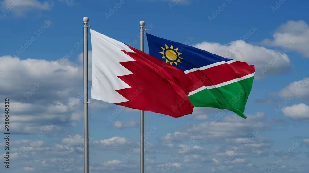 Bahrain and Namibia flags flying together, video concept of the relationship, two country relations concept Bahrain and Namibia flags flying together, video concept of the relationship, two country relations concept
