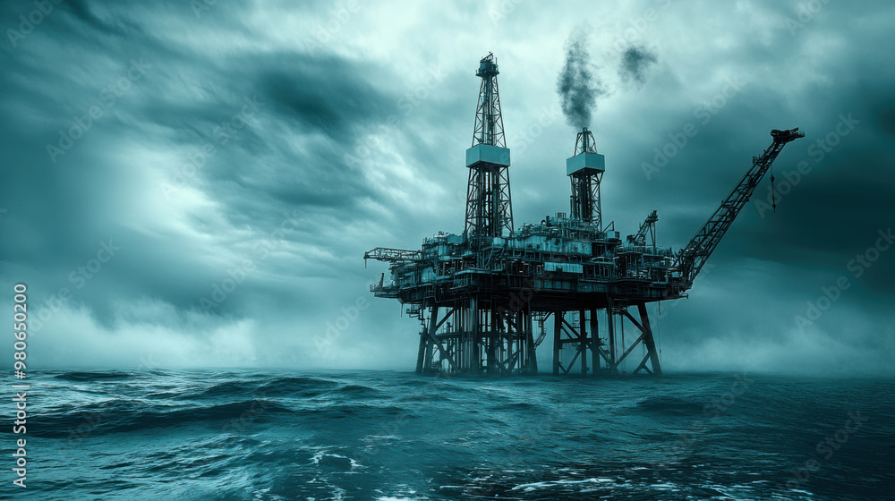 Abandoned oil rig in ocean symbolizes environmental concerns amidst turbulent waters and dark skies. scene evokes sense of isolation and urgency Abandoned oil rig in ocean symbolizes environmental concerns amidst turbulent waters and dark skies. scene evokes sense of isolation and urgency