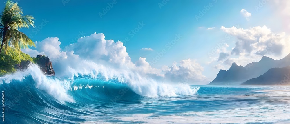 A stunning landscape featuring rolling waves, clear blue skies, and tropical palm trees, evoking a sense of peace and adventure. A stunning landscape featuring rolling waves, clear blue skies, and tropical palm trees, evoking a sense of peace and adventure.