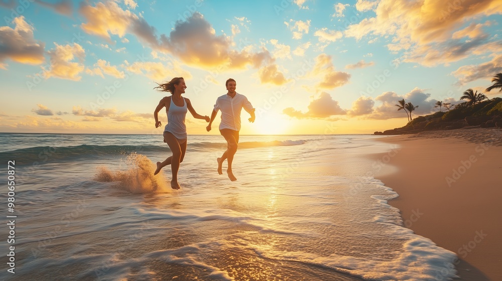 Couple joyfully runs along the beach at sunset, splashing through the gentle waves and enjoying a moment of togetherness Couple joyfully runs along the beach at sunset, splashing through the gentle waves and enjoying a moment of togetherness