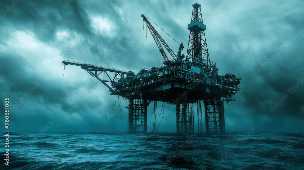 Abandoned oil rig in ocean symbolizes environmental concerns and industrial decline. dramatic sky and turbulent waters evoke sense of isolation and urgency Abandoned oil rig in ocean symbolizes environmental concerns and industrial decline. dramatic sky and turbulent waters evoke sense of isolation and urgency