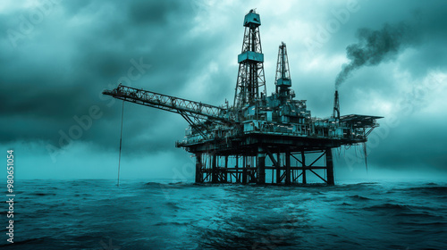 Abandoned oil rig in ocean symbolizing environmental impact of industrial activities. ominous clouds and dark waters create dramatic atmosphere