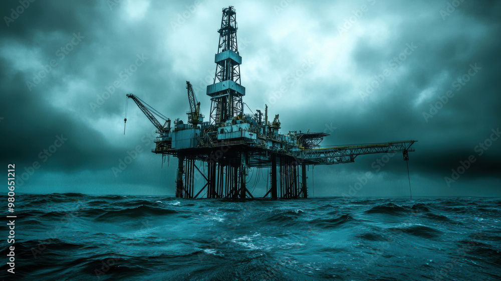 Abandoned oil rig in ocean symbolizes environmental concerns and industrial decline. dramatic scene captures rig amidst turbulent waters and dark clouds, evoking sense of isolation and urgency Abandoned oil rig in ocean symbolizes environmental concerns and industrial decline. dramatic scene captures rig amidst turbulent waters and dark clouds, evoking sense of isolation and urgency