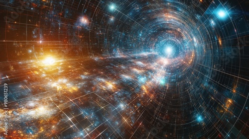 A dynamic illustration of the curvature of space-time around massive objects, showcasing key concepts in astrophysics