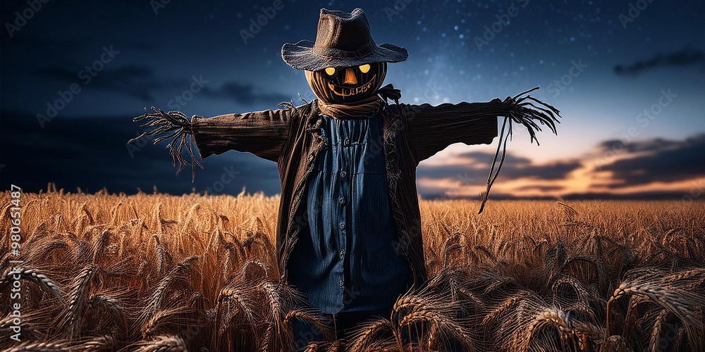 Obraz premium Terrorífico espantapájaros en un campo sembrado de trigo