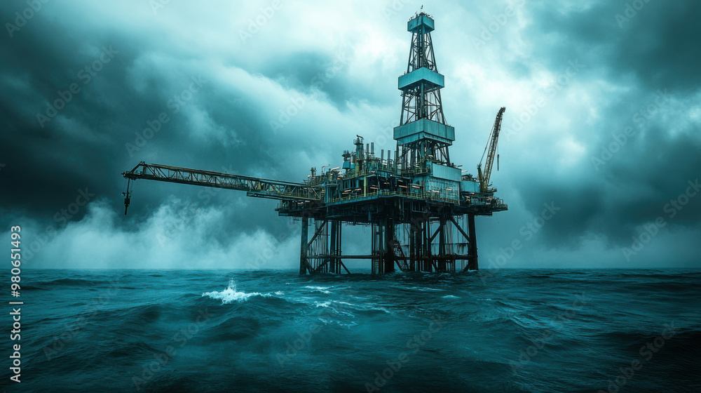 Abandoned oil rig in ocean symbolizing environmental impact of industrial activities. scene evokes sense of isolation and power of nature Abandoned oil rig in ocean symbolizing environmental impact of industrial activities. scene evokes sense of isolation and power of nature