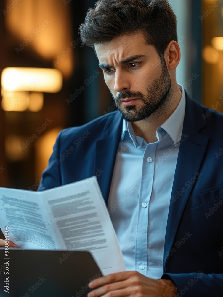 Fototapeta premium Businessman Reading Paperwork in Restaurant