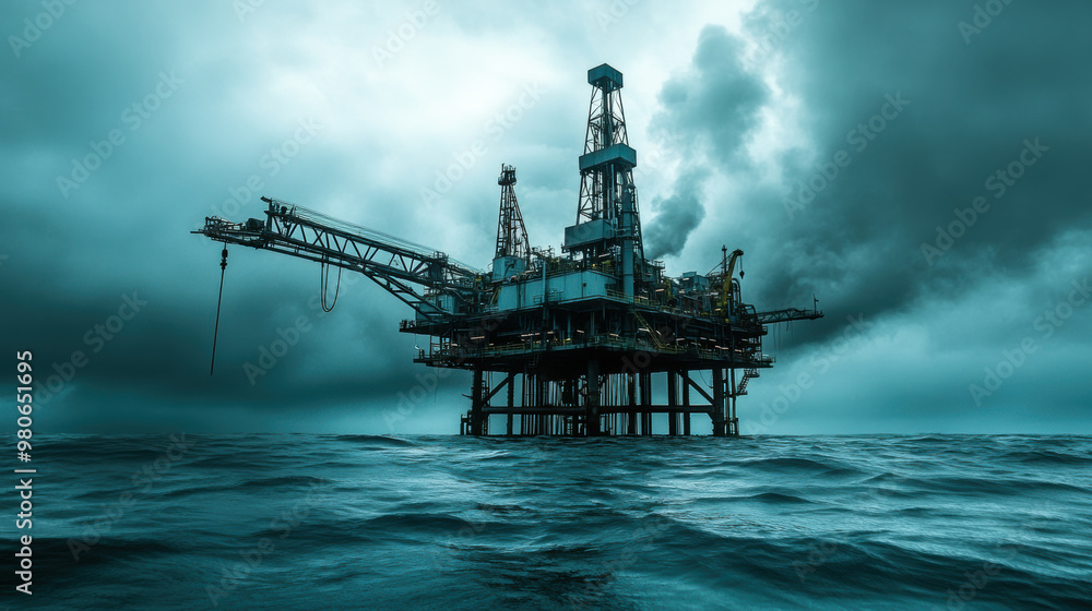 Abandoned oil rig in ocean symbolizing environmental impact of industrial activities. scene captures dramatic atmosphere with dark clouds and turbulent waters Abandoned oil rig in ocean symbolizing environmental impact of industrial activities. scene captures dramatic atmosphere with dark clouds and turbulent waters