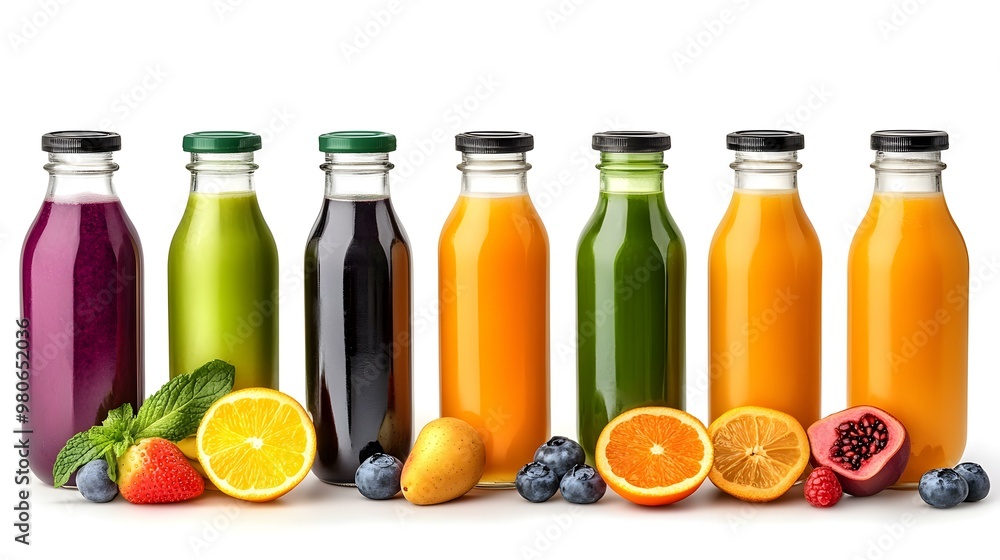 Vibrant Juice Cleanse Display, a selection of freshly pressed juices in colorful bottles, arranged artfully on a clean, bright surface. Vibrant Juice Cleanse Display, a selection of freshly pressed juices in colorful bottles, arranged artfully on a clean, bright surface.