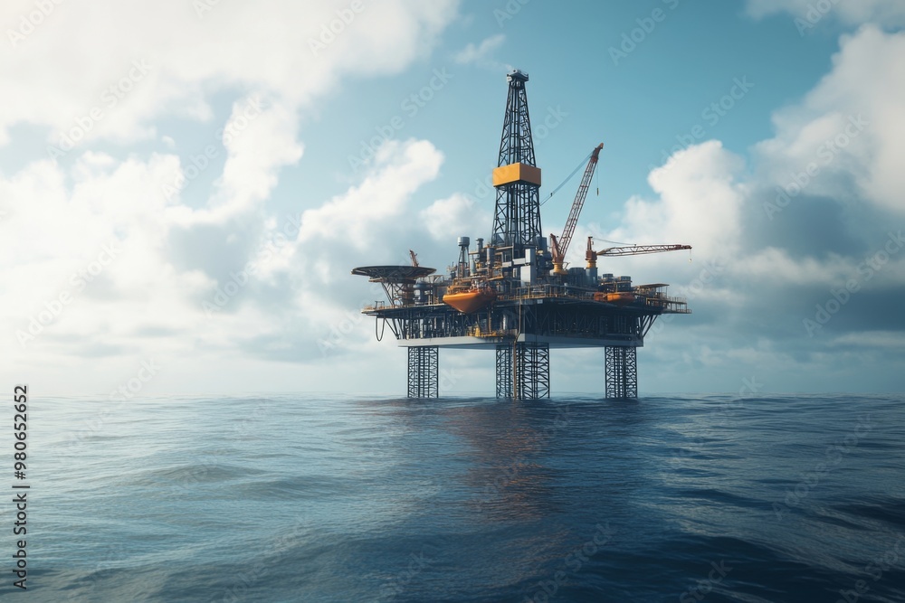 Offshore oil rig platform in open sea. Oil and gas wellhead remote platform produced raw gas and oil Offshore oil rig platform in open sea. Oil and gas wellhead remote platform produced raw gas and oil