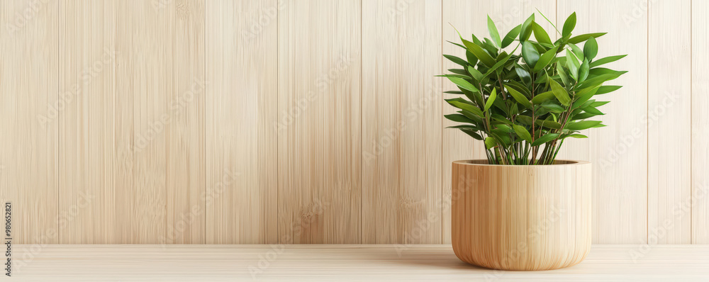 Fototapeta premium A charming indoor plant in a wooden pot, showcasing natural beauty and tranquility, perfect for home or office decor.
