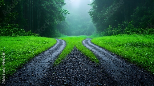 Paralyzing Indecision, a dense fog envelops a split path, evoking a sense of uncertainty and contemplation in a mysterious landscape.