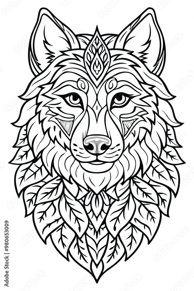 Fototapeta premium Portrait of a wolf. Hand drawn patterns for coloring. Freehand sketch drawing for adult antistress coloring book in zentangle style. Collection of animals