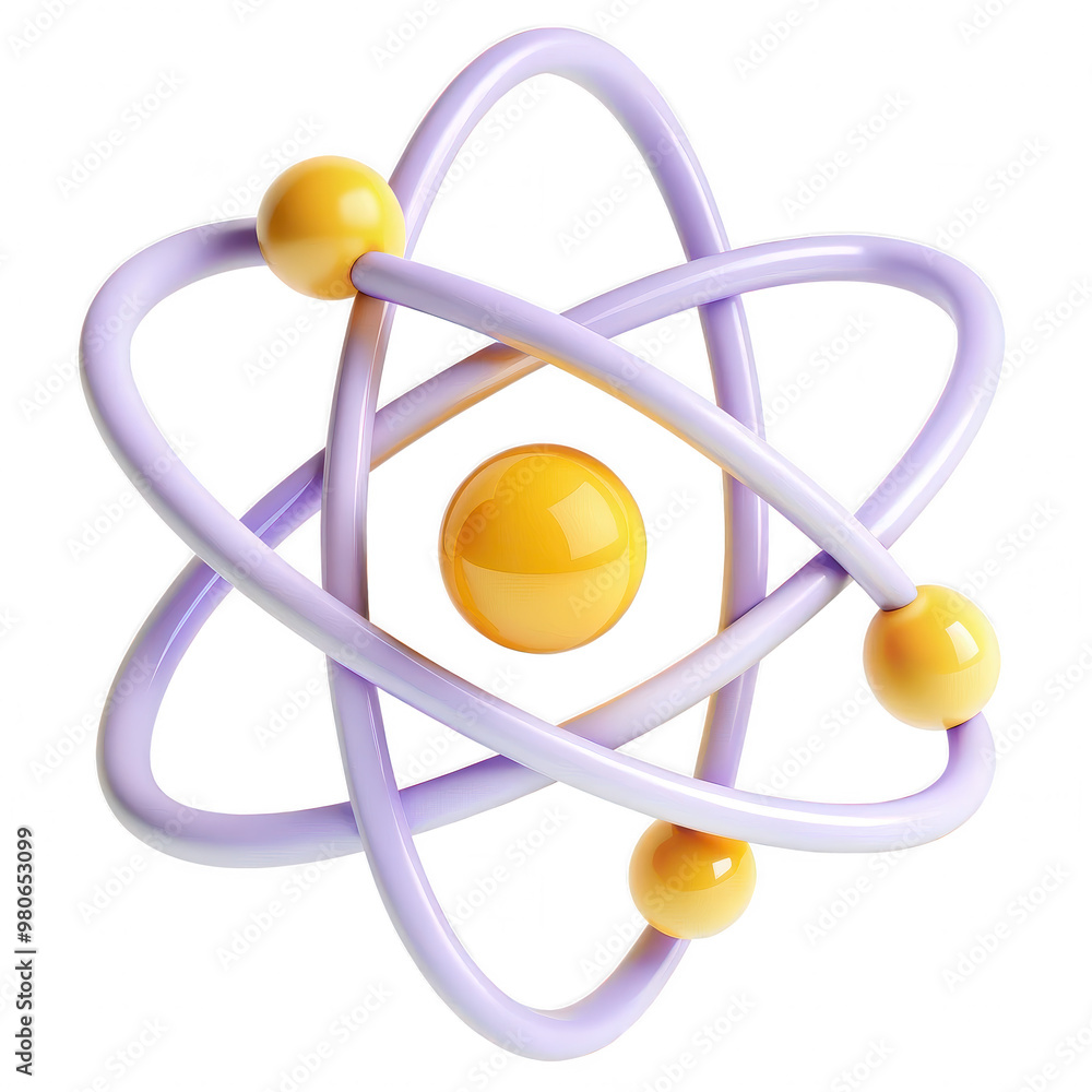 3D rendering of an atomic model with yellow spheres and purple rings on a transparent background. 3D rendering of an atomic model with yellow spheres and purple rings on a transparent background.