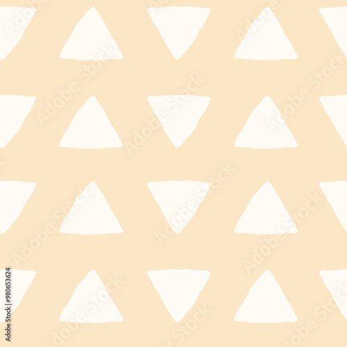Abstract Triangle Beige Seamless Pattern. Pastel colored Geometric background with hand drawn shape rough silhouette. Neutral aesthetic. Repeat vector illustration 