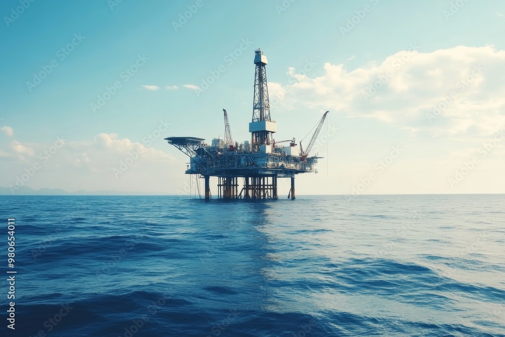 Offshore oil rig platform in open sea. Oil and gas wellhead remote platform produced raw gas and oil Offshore oil rig platform in open sea. Oil and gas wellhead remote platform produced raw gas and oil