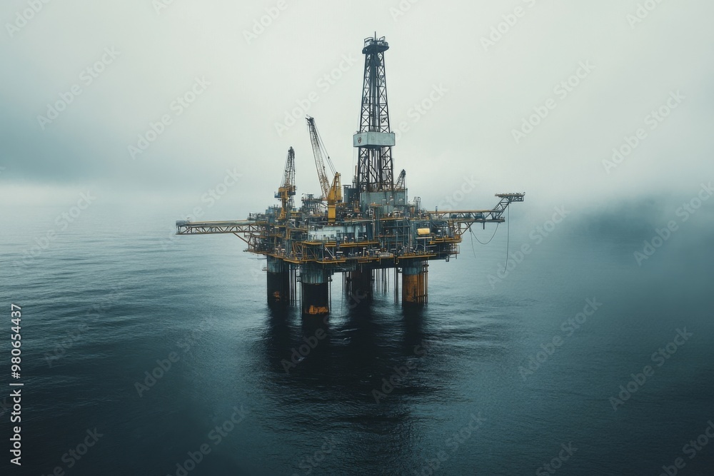 Offshore oil rig platform in open sea. Oil and gas wellhead remote platform produced raw gas and oil Offshore oil rig platform in open sea. Oil and gas wellhead remote platform produced raw gas and oil