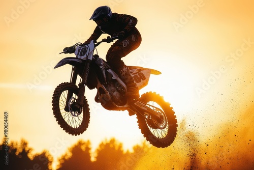 A motocross rider performing a jump against a sunset backdrop, showcasing extreme sports action. photo