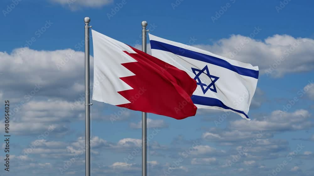 Israel and Bahrain flags flying together, video concept of the relationship, two country relations concept Israel and Bahrain flags flying together, video concept of the relationship, two country relations concept