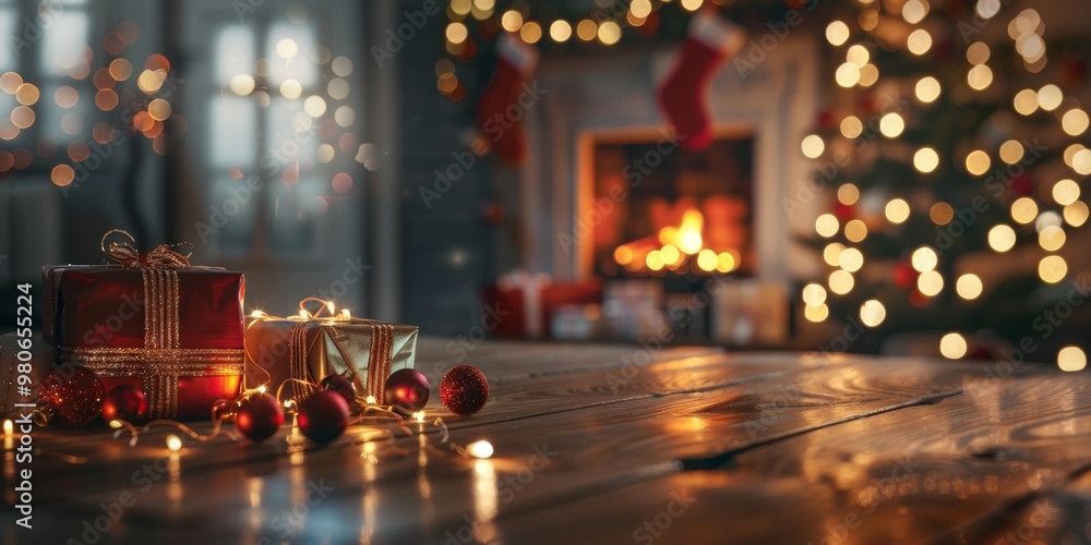 Create a serene Christmas atmosphere with a beautifully adorned tree, fireplace, and gifts perfect for festive videos and marketing, offering a warm and inviting feel to viewers Create a serene Christmas atmosphere with a beautifully adorned tree, fireplace, and gifts perfect for festive videos and marketing, offering a warm and inviting feel to viewers