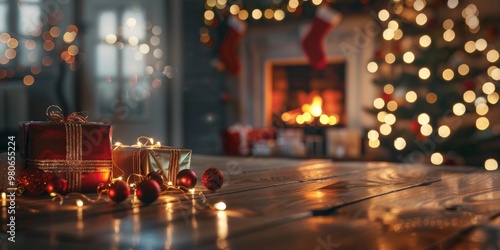 Create a serene Christmas atmosphere with a beautifully adorned tree, fireplace, and gifts perfect for festive videos and marketing, offering a warm and inviting feel to viewers