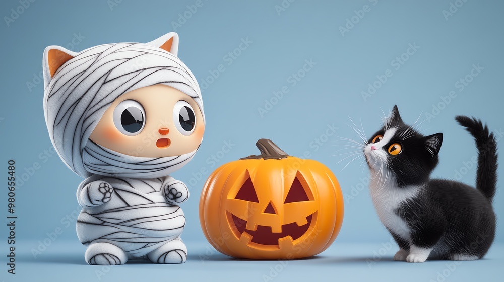 Cute Halloween scene with a mummy cat doll and a playful kitten beside a carved pumpkin, perfect for festive decorations. Cute Halloween scene with a mummy cat doll and a playful kitten beside a carved pumpkin, perfect for festive decorations.