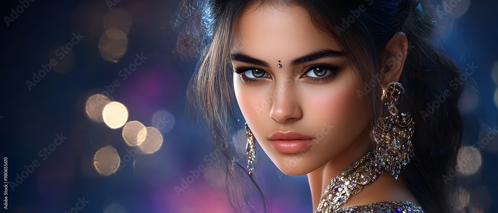 Portrait of a young woman with striking features and traditional jewelry, radiating beauty against a colorful background. Portrait of a young woman with striking features and traditional jewelry, radiating beauty against a colorful background.
