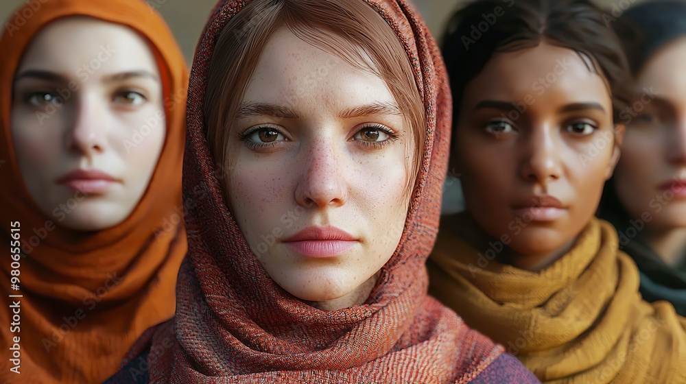 Group of beautiful different ethnicity women. Multi ethnic beauty and friendship. Portrait of diverse group of natural beautiful women Group of beautiful different ethnicity women. Multi ethnic beauty and friendship. Portrait of diverse group of natural beautiful women