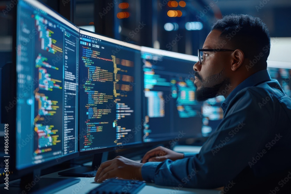 Focused programmer working with multiple screens displaying complex code in a modern office environment. Focused programmer working with multiple screens displaying complex code in a modern office environment.