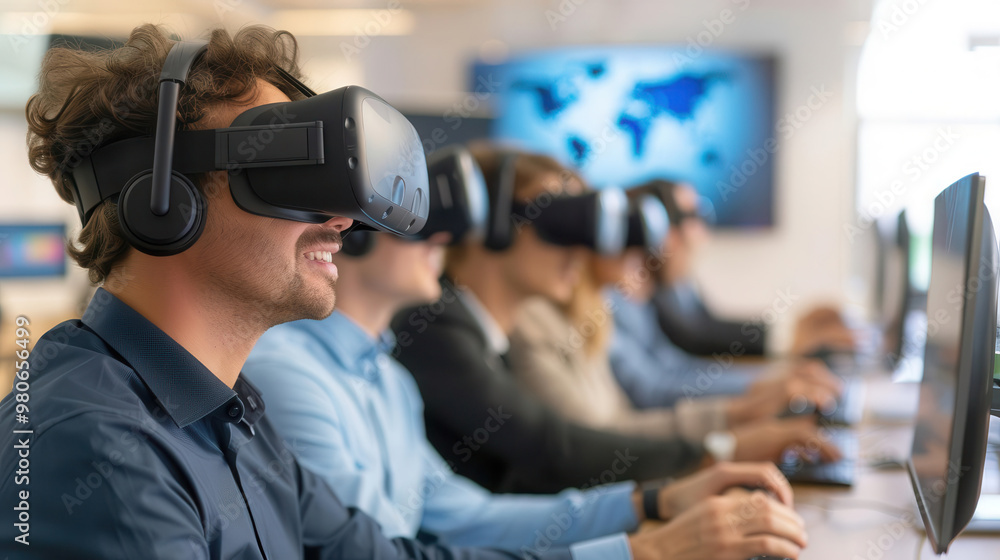 Business team connecting through virtual reality, remote collaboration, immersive business environments Business team connecting through virtual reality, remote collaboration, immersive business environments
