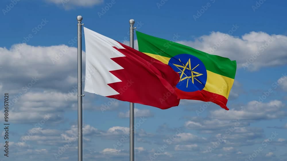 Ethiopia and Bahrain flags flying together, video concept of the relationship, two country relations concept Ethiopia and Bahrain flags flying together, video concept of the relationship, two country relations concept