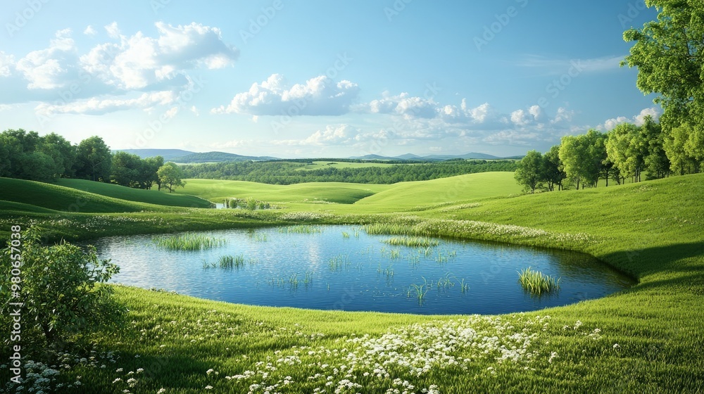 A realistic 3D cut of green fields and ponds, offering an ideal nature scene for vacation advertisements. A realistic 3D cut of green fields and ponds, offering an ideal nature scene for vacation advertisements.