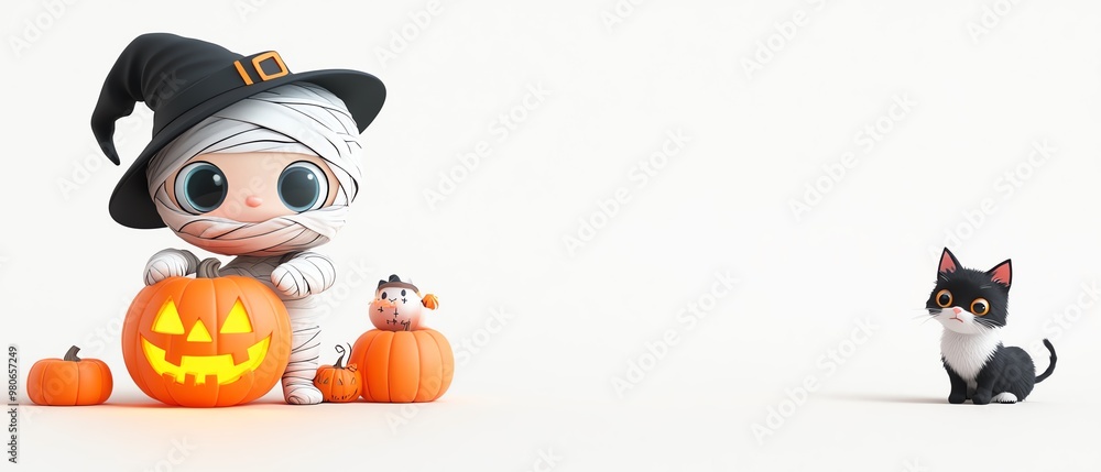 A cute wrapped mummy character with a pumpkin, celebrating Halloween with a playful black cat nearby. Perfect for festive themes. A cute wrapped mummy character with a pumpkin, celebrating Halloween with a playful black cat nearby. Perfect for festive themes.