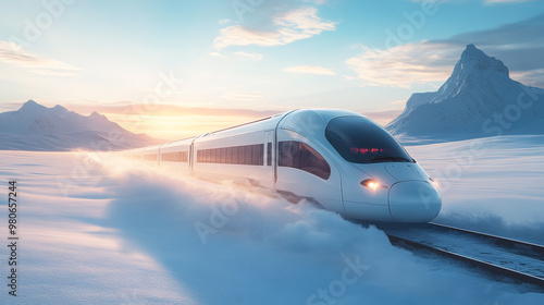 Futuristic High-Speed Train Gliding Through Snowy Landscapes - made with Generative AI