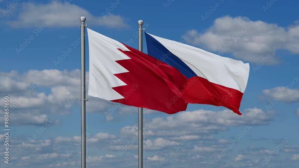 Czech Republic and Bahrain flags flying together, video concept of the relationship, two country relations concept Czech Republic and Bahrain flags flying together, video concept of the relationship, two country relations concept