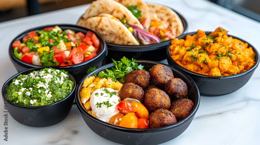 Crispy falafel platter with vibrant Mediterranean spreads, fresh vegetables, and aromatic herbs arranged on a rustic wooden table. Crispy falafel platter with vibrant Mediterranean spreads, fresh vegetables, and aromatic herbs arranged on a rustic wooden table.