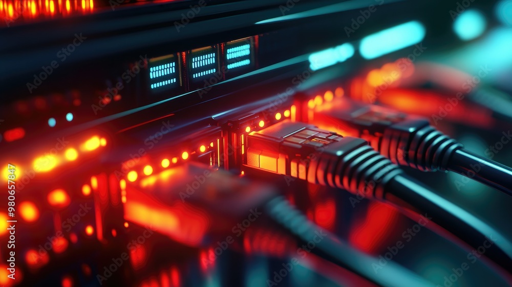 Naklejka premium A sleek network switch with glowing LEDs and connected network cables, showing real-time data transmission.