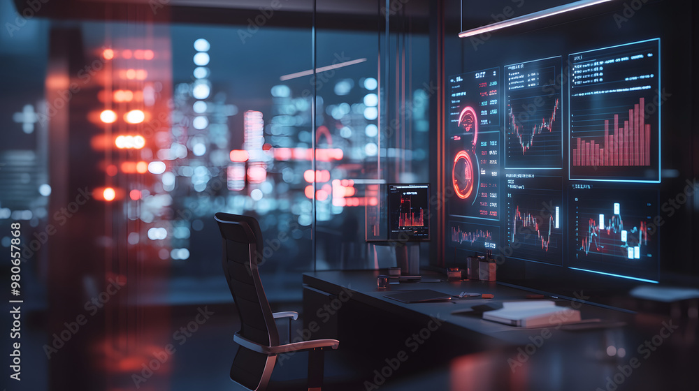 Modern Office with Financial Data Screens and City Skyline View Modern Office with Financial Data Screens and City Skyline View