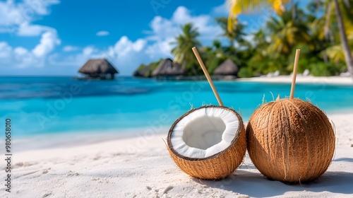 Tropical Refreshment, vibrant young coconut with a straw resting on sandy beach, gentle waves lapping in the background, sunlit paradise ambiance