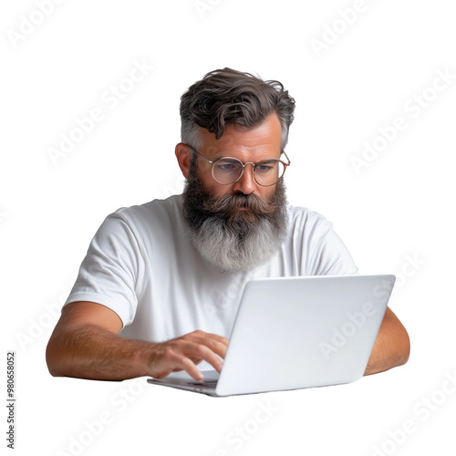 Bearded man in glasses working on laptop isolated on transparent background