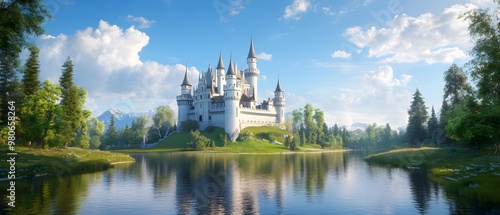 A majestic castle reflecting in a serene lake under a blue sky, surrounded by lush greenery and distant mountains.