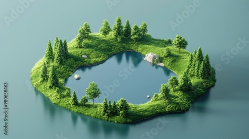 Fototapeta Naklejka Na Ścianę i Meble -  A tranquil lake in an isometric 3D design, bordered by grass and small trees, ideal for eco-friendly campaigns.