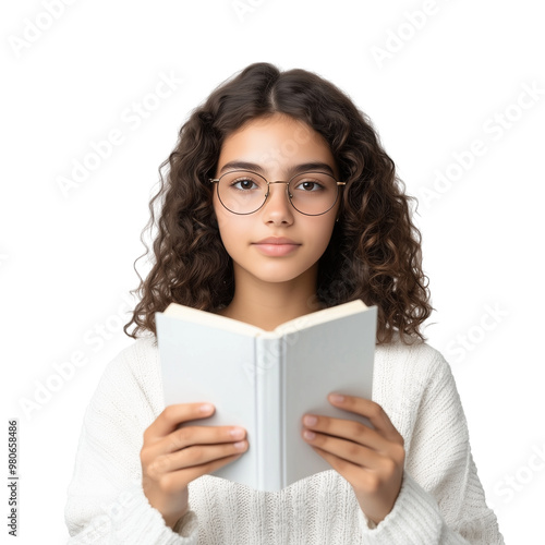 Wallpaper Mural Teenage girl with curly hair and glasses reading book isolated on transparent background Torontodigital.ca